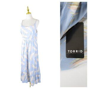Torrid Womens Blue Feather Tiered Spaghetti Strap Belted Midi Dress Size 0 L 12